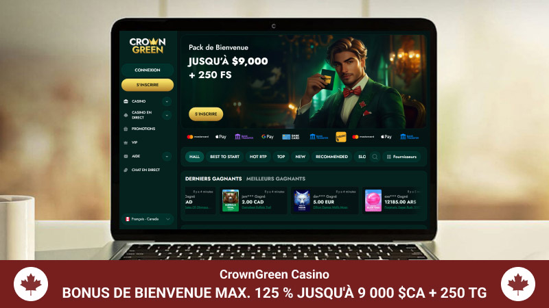 Page d'accueil du Casino CrownGreen sur un écran d'ordinateur portable