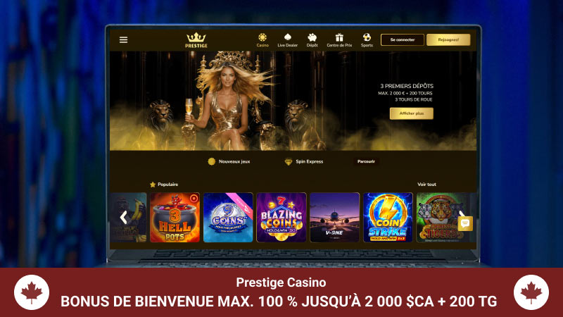 Page d'accueil du Prestige Casino sur un écran d'ordinateur portable