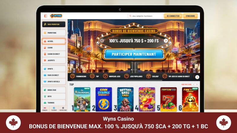 Page d'accueil du Casino Wyns sur un écran d'ordinateur portable