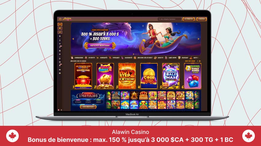 Page d'accueil du Casino Alawin sur un écran d'ordinateur portable