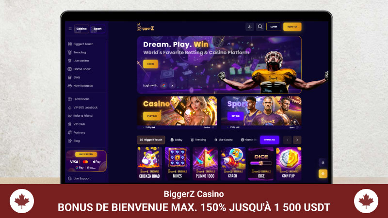 Page d'accueil du BiggerZ Casino sur un écran d'ordinateur portable