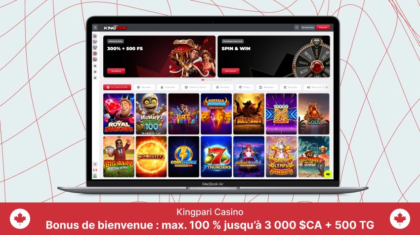 Page d'accueil du Casino Kingpari sur un écran d'ordinateur portable