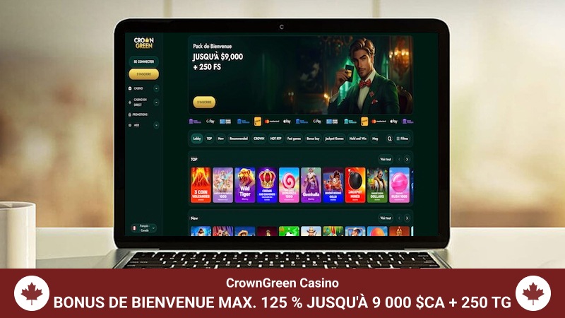 Page d'accueil du Casino CrownGreen sur un écran d'ordinateur portable