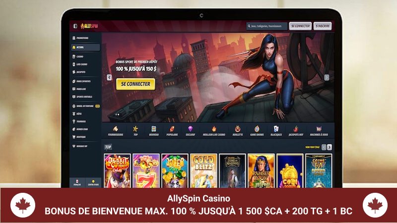 Page d'accueil du Casino AllySpin sur un écran d'ordinateur portable