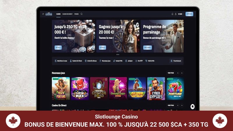 Page d'accueil du Casino Slotlounge sur un écran d'ordinateur portable