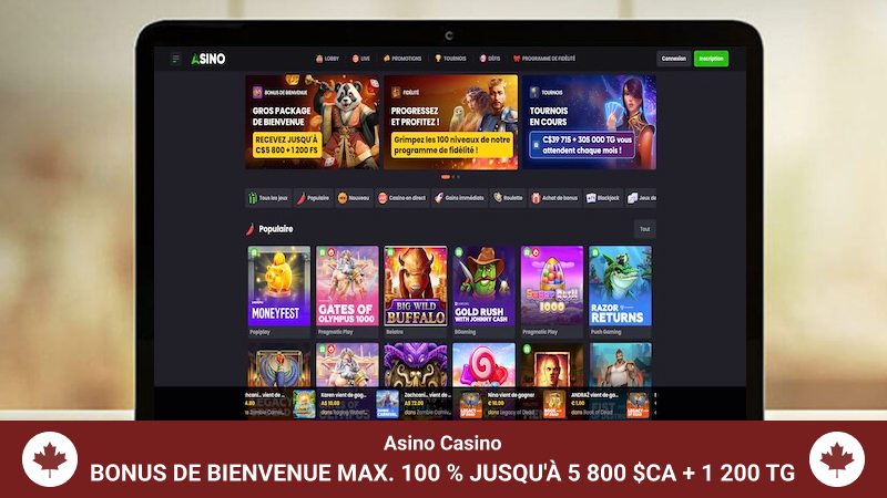Page d'accueil du Casino Asino sur un écran d'ordinateur portable