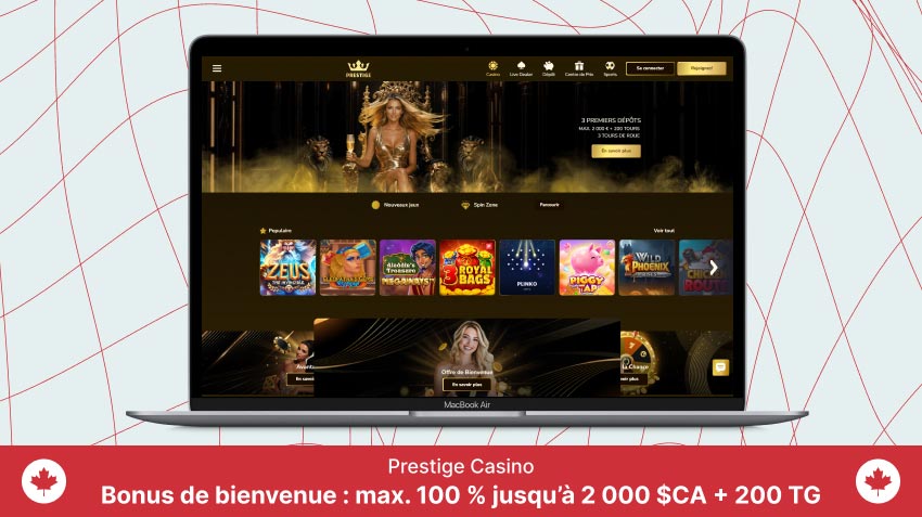 Page d'accueil du Prestige Casino sur un écran d'ordinateur portable