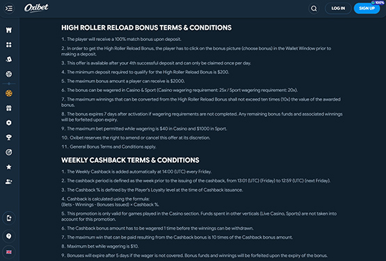Oxibet Casino - High Roller Bonus Terms