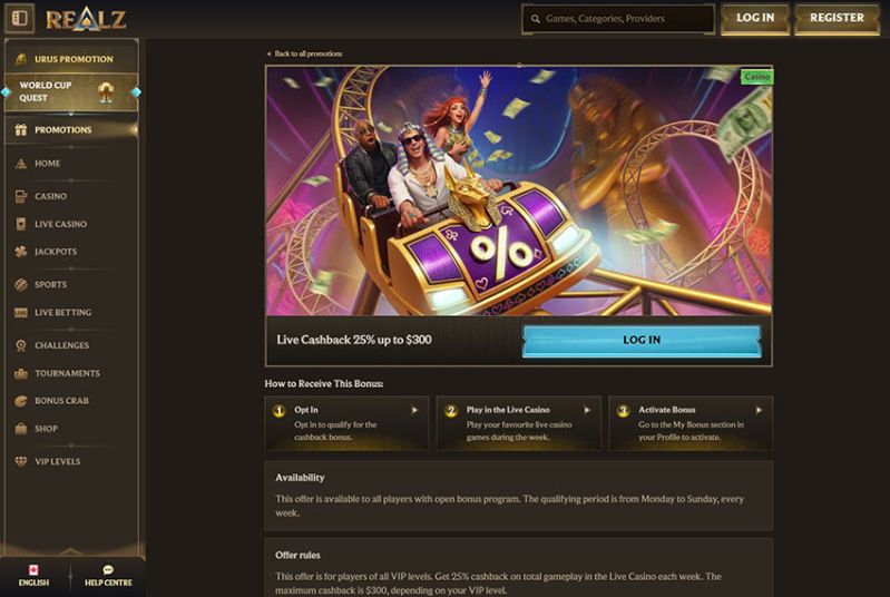 Realz Casino - live cashback