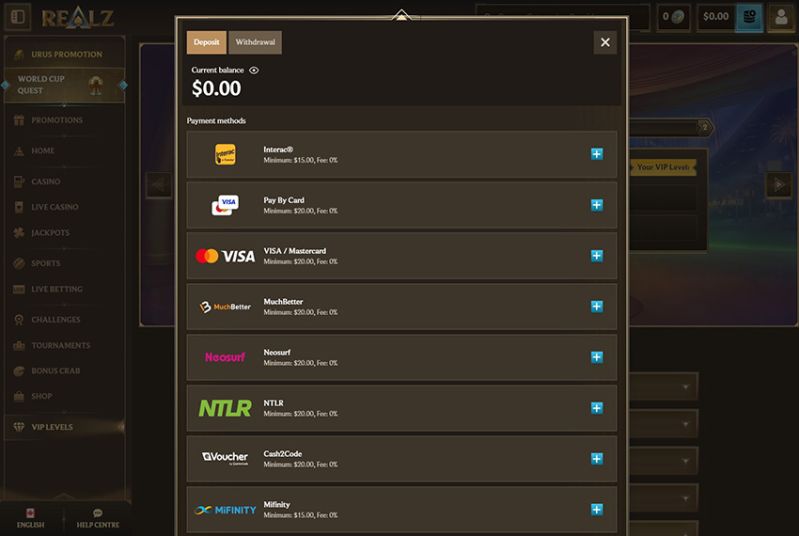 Realz Casino - payments