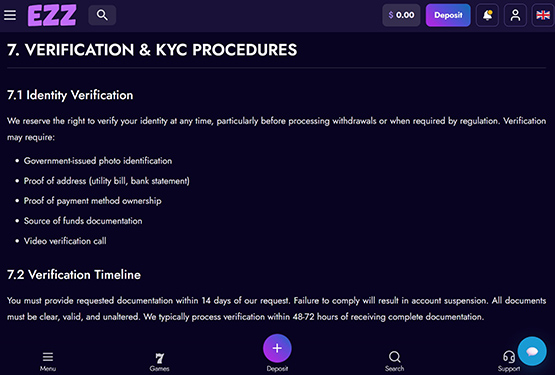 EZZ Casino - KYC terms