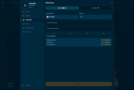FortuneJack Casino - retrait de cryptomonnaie
