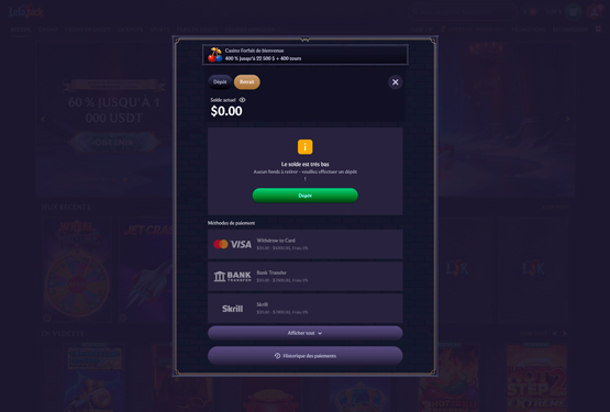 LolaJack Casino - retirer des fonds