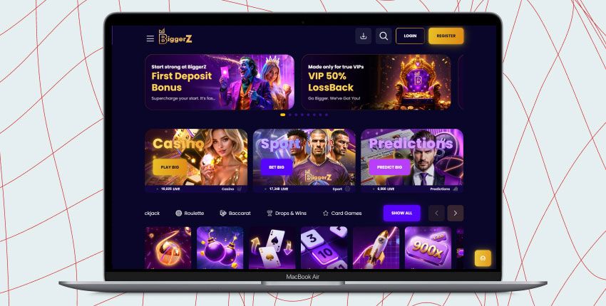 Laptop screen with BiggerZ Casino screenshot