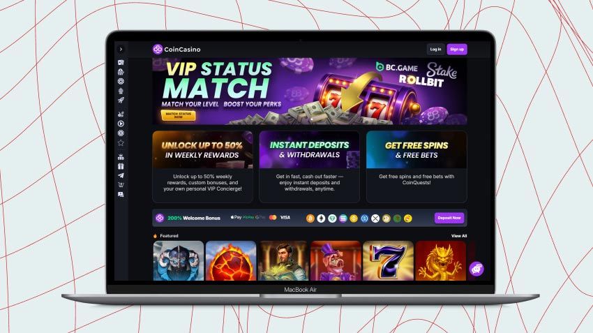 Laptop screen with CoinCasino screenshot