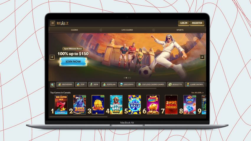 Laptop screen with Realz Casino screenshot