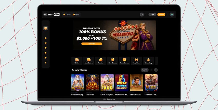 Laptop screen with Vegasnova Casino screenshot