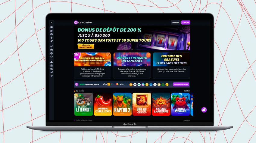 Écran d'ordinateur portable affichant une capture d'écran de CoinCasino Casino