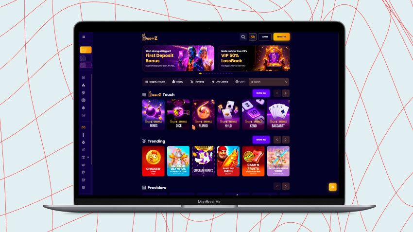 Écran d'ordinateur portable affichant une capture d'écran de BiggerZ Casino