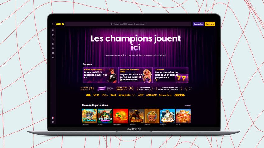 Écran d'ordinateur portable affichant une capture d'écran de iWild Casino