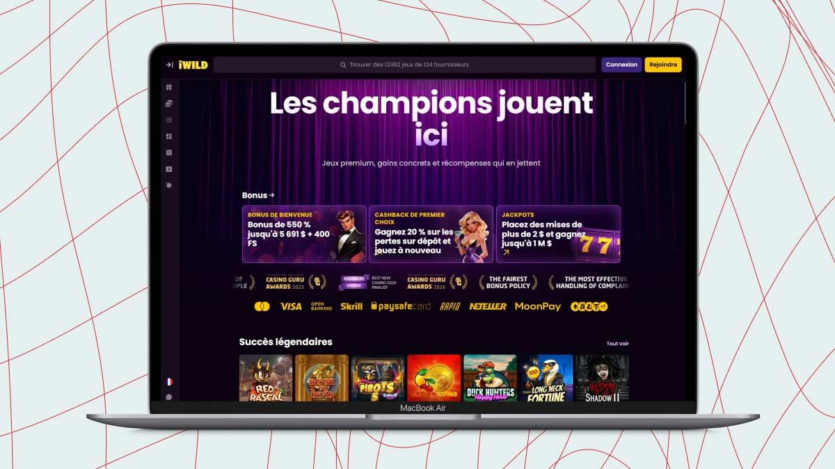 Écran d'ordinateur portable affichant une capture d'écran de iWild Casino