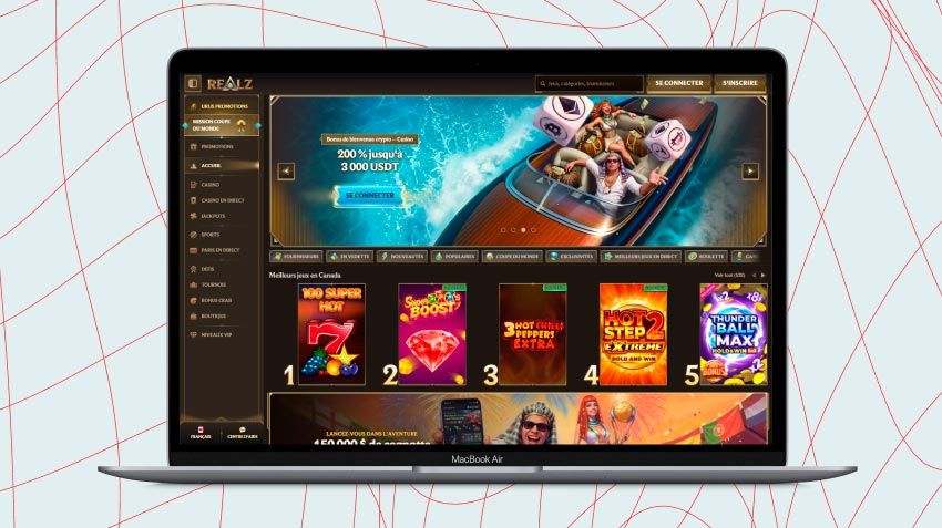 Écran d'ordinateur portable affichant une capture d'écran de Realz Casino
