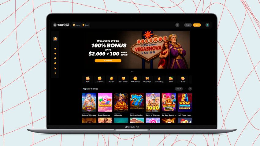 Écran d'ordinateur portable affichant une capture d'écran de Vegasnova Casino