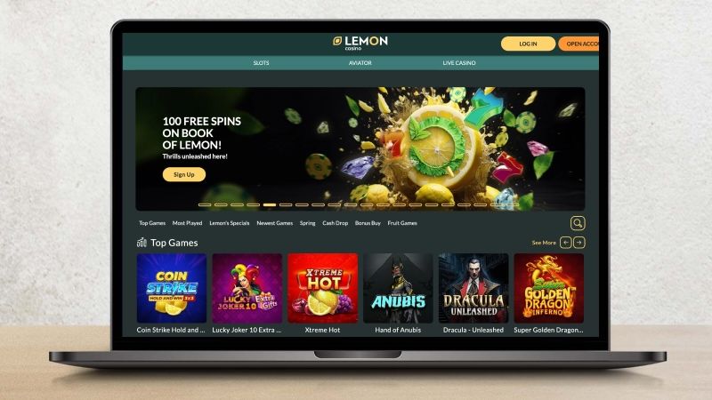 lemon casino main page on the laptop screen