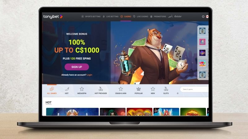 Tonybet Casino Main Page on Laptop Screen