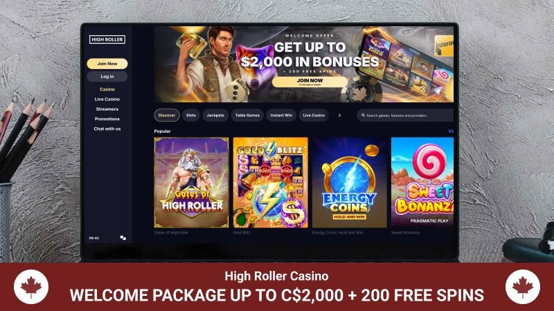 HighRoller Casino main page with bonus offer banner