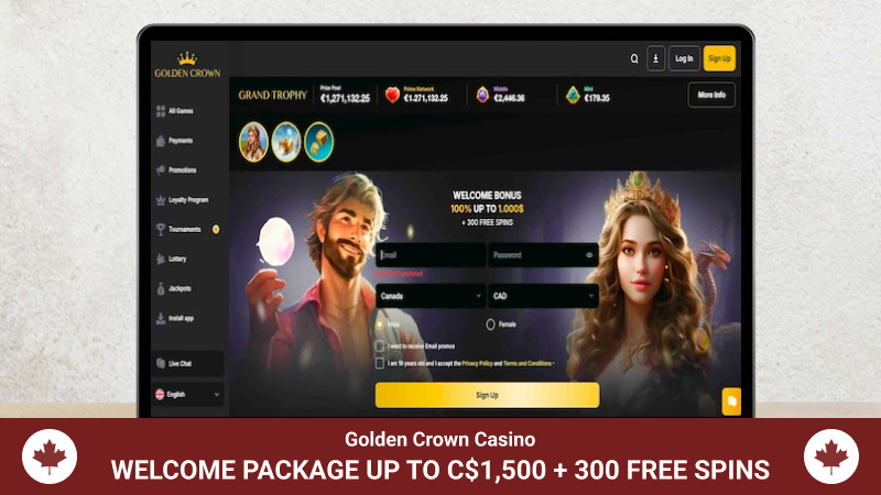 Golden Crown Casino main page with bonus offer banner