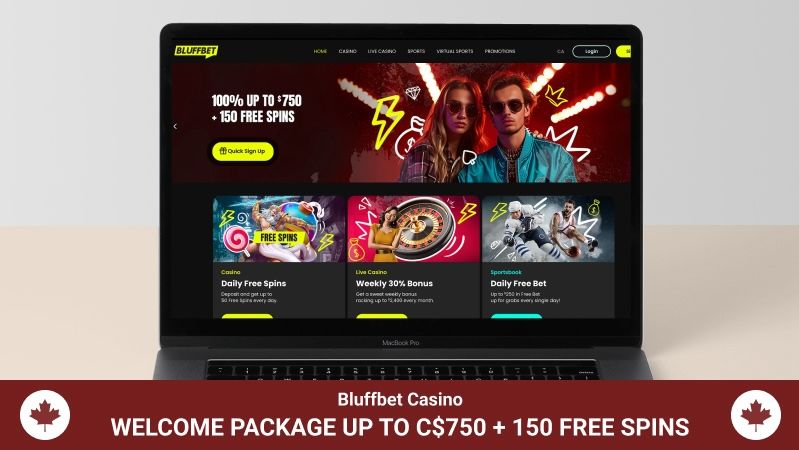 Bluffbet Casino main page with a welcome bonus banner