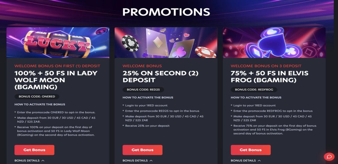 1Red casino bonuses and promotions 