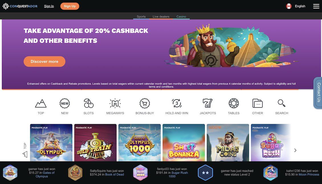 Conquestador Casino main page