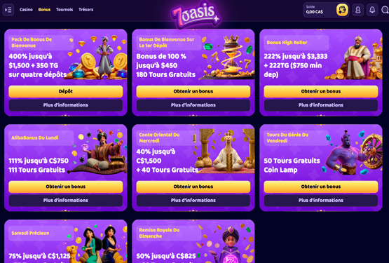 Page des promotions du casino 7oasis