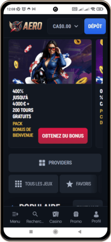Capture d'écran de la page principale de Aerobet Casino sur mobile