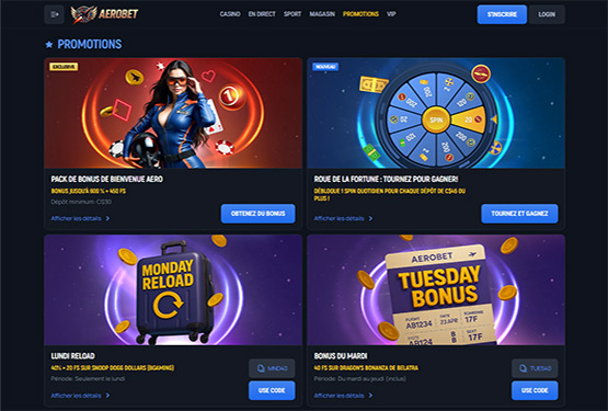 Page des promotions du casino Aerobet