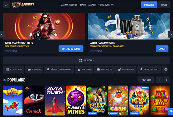 Page principale du casino Aerobet