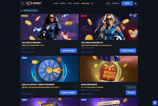 Page des promotions du casino Aerobet