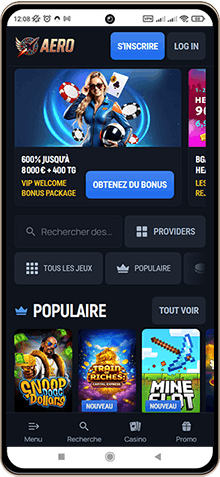 Capture d'écran de la page principale de Aerobet Casino sur mobile