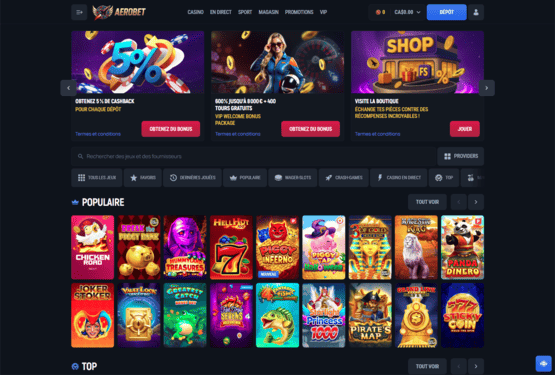 Page principale du casino Aerobet