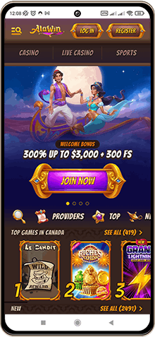 Mobile screenshot of the Alawin Casino main page