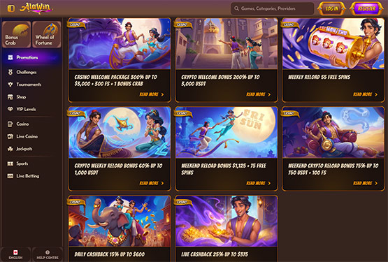 Alawin Casino bonus page