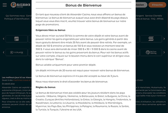 Page des promotions du casino Alexander