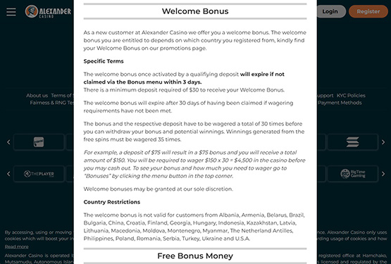 Alexander Casino Promotions Page