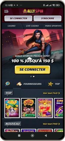 Capture d'écran de la page principale de AllySpin Casino sur mobile