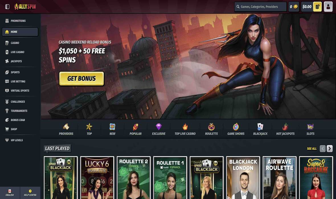 AllySpin casino main page