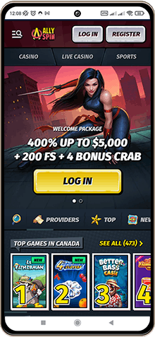 Mobile screenshot of AllySpin Casino main page