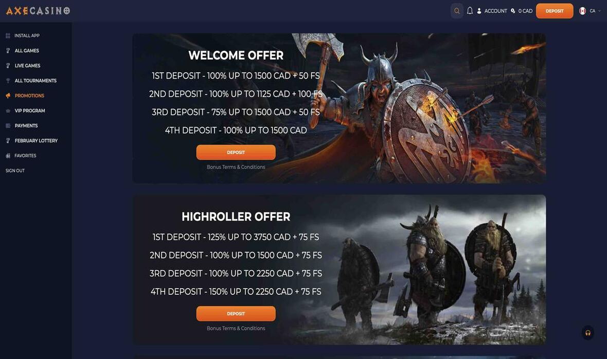 Axe casino promotions page