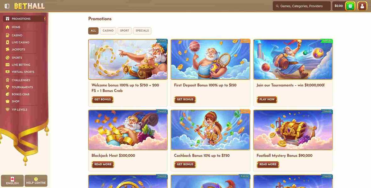 BetHall casino promotions page
